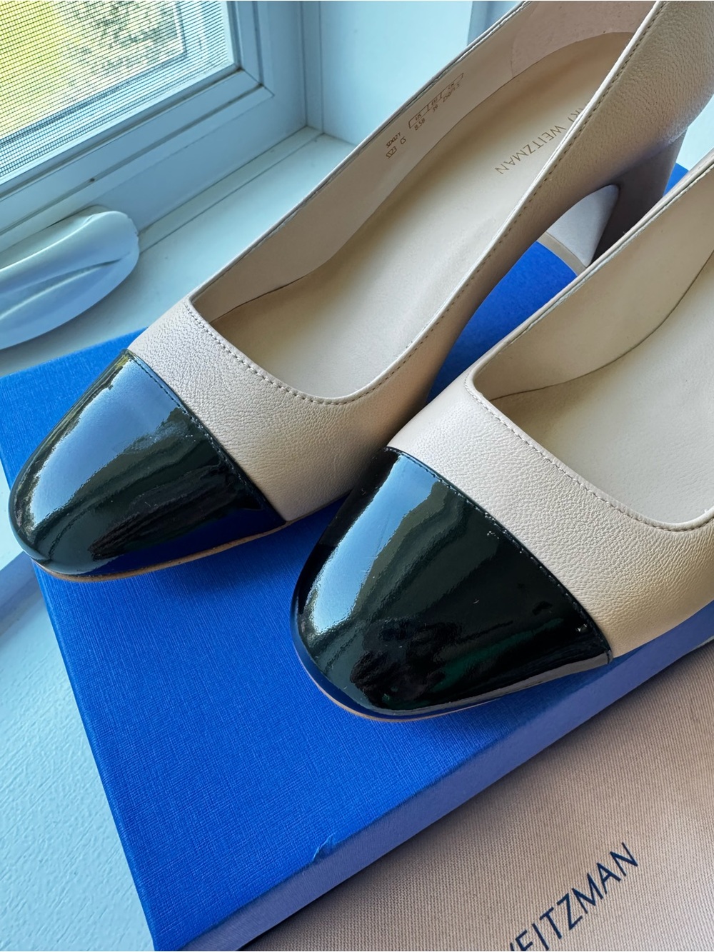 Stuart Weitzman Golden Beige Pumps with Black Patent Cap Toe - Picture 4 of 9
